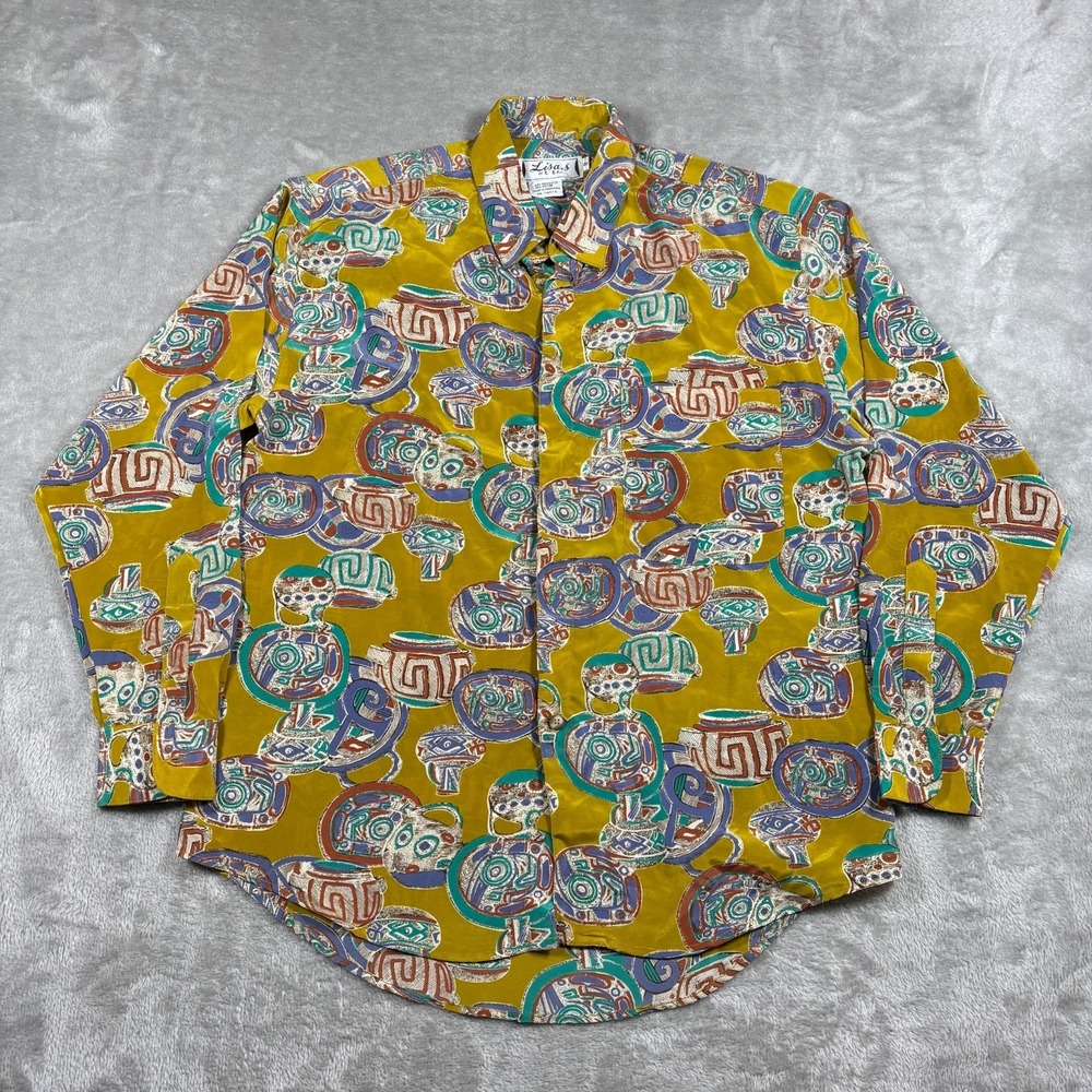 Vintage Aztec Pottery Shirt Men Large Button Up Long Sleeve Southwest Tribal 80s